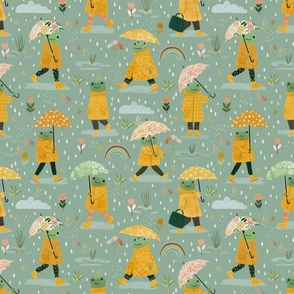 Frogs in the rain - yellow raincoat green M