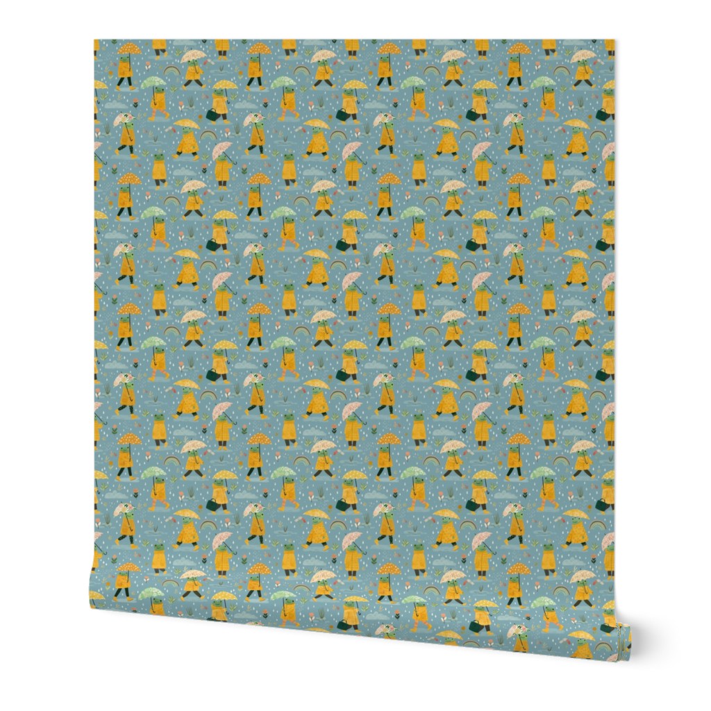 Frogs in the rain - yellow raincoat blue S