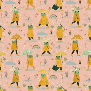 Frogs in the rain - yellow raincoat pink peach M
