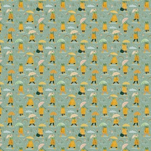 Frogs in the rain - yellow raincoat green S