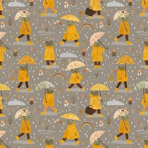 Frogs in the rain - yellow raincoat grey M