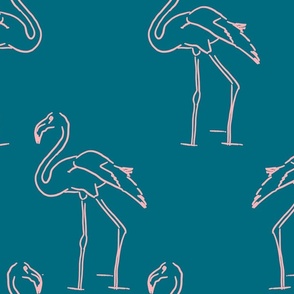 XL Flamingo Beach Pattern for Summer Decor Deep Ocean Blue and Green Large Scale