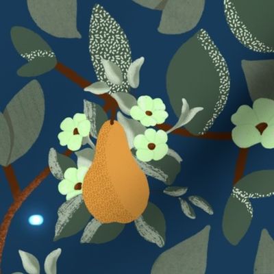 Dreamy Textured Paradise Pears and Leaves Dark Blue
