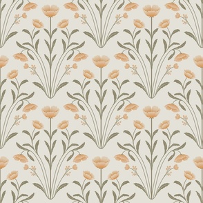 Vintage inspired  petals flowers elongated leaves damask pattern style on a pale peach background ( medium scale )