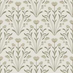 Vintage Inspired Five Petals Flowers Elongated Leaves in Damask pattern style sage green ( medium scale )