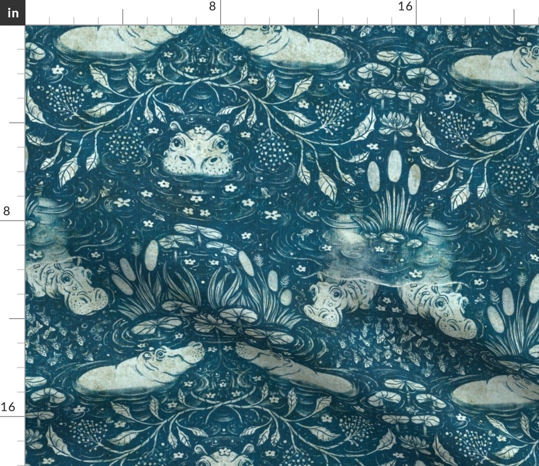 Hippo Night Swim | Deep Sea Teal | Textured Grasscloth