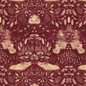 Hippo Night Swim | Claret Wine Red | Textured Grasscloth