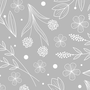 Serene Botanical Doodle Flowers - Grey 