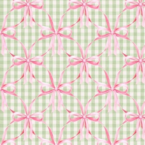  Sweet geranium pink bow lattice on sage checks 7”