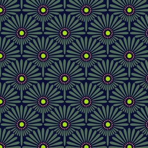 Geometric floral scallop design in William Morris winter colors dark blue, green  dusky pink and lime green 