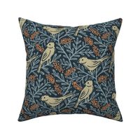 Vintage avian tapestry: rowan berries, delicate leaves, and aged texture with birds, dark