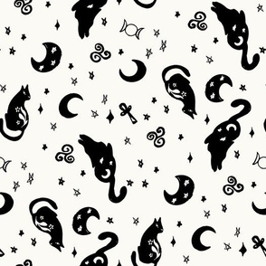 Halloween Magic Cats and stars Black White by Jac Slade