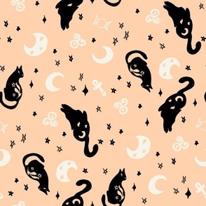 Halloween Magic Cats and stars Peach Black by Jac Slade