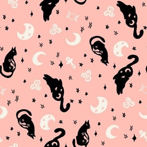 Halloween Magic Cats and stars Pink Black by Jac Slade