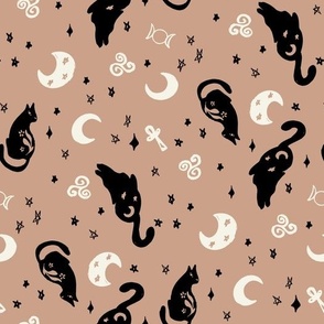 Halloween Magic Cats and stars Brown Black by Jac Slade