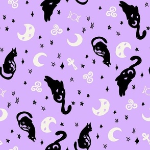 Halloween Magic Cats and stars Purple Black by Jac Slade