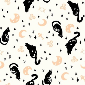 Halloween Magic Cats and stars Black Peach by Jac Slade