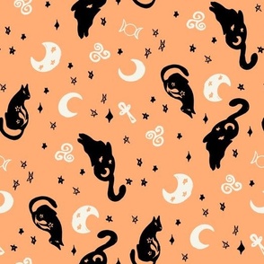 Halloween Magic Cats and stars Orange Black by Jac Slade