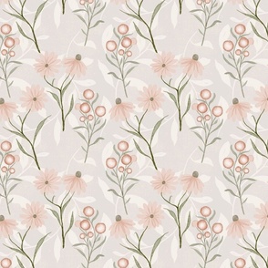Delicate Pink Wildflowers on Soft Green Fabric
