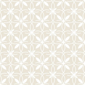 Elegant white pattern on a cream background.