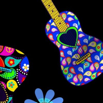 GUITARS-BLACK Peace Signs and Flowers
