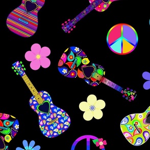GUITARS-BLACK Peace Signs and Flowers