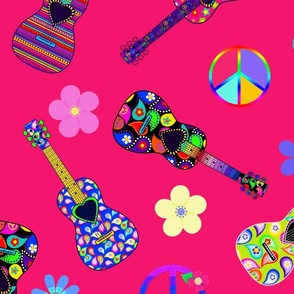 GUITARS-PINK Hippie Peace Signs and Flowers