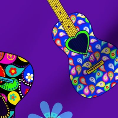 GUITARS-PURPLE Peace Signs and Flowers