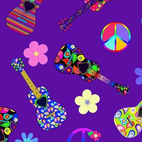 GUITARS-PURPLE Peace Signs and Flowers