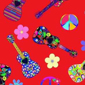 GUITARS-RED Bright Peace Signs and Flowers