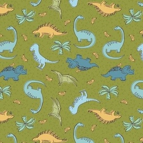 Fun Tossed Dinosaurs for Kids Blue, Green, White and Yellow on a Green Background Small Scale