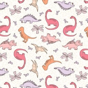 Fun Tossed Dinosaurs for Kids Pink, Purple and Orange on a White Background for Girls Small Scale