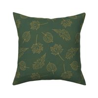 autumnal larger leaves on emerald with linen texture