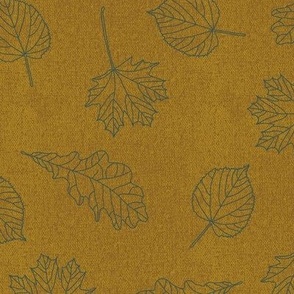 autumnal larger leaves on saffron with linen texture