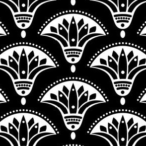 Art Deco Egyptian Lotus White on Black for Metallic Wallpaper Medium Scale 