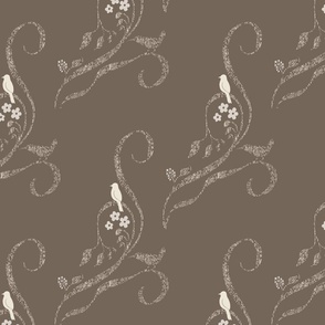 (M) Bird and Floral Motif on Taupe In Tighter Diagonal Pattern
