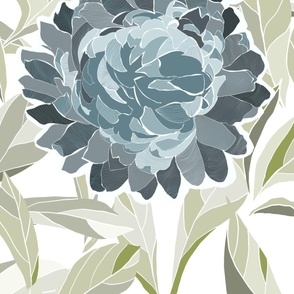 [XLarge] Peonies Blue Low Saturation Matching Leafs Spread