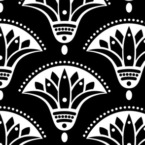 Art Deco Egyptian Lotus White on Black for Metallic Wallpaper Large Scale 