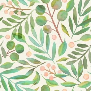 Watercolor Leaves and Berries - Green Lg.