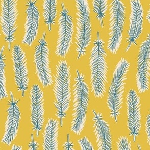 Feathers, Sketched and Painted - Teal Blue on Mustard Yellow 