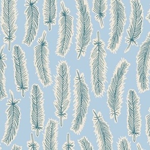 Feathers, Sketched and Painted  - Teal on Light Baby Blue