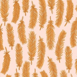 Feathers, Sketched and Painted - Jasper Orange Brown on Pale Ballerina Pink