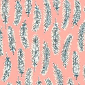 Feathers, Sketched and Painted - Teal on Melon Blush Pink