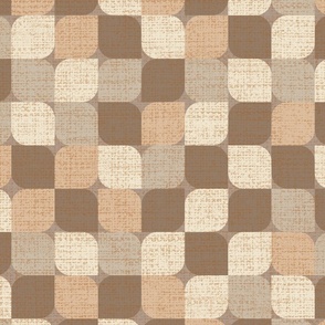 Small scale retro mod flower petal geometric in tones of  brown, peach, beige and gray with a linen texture.
