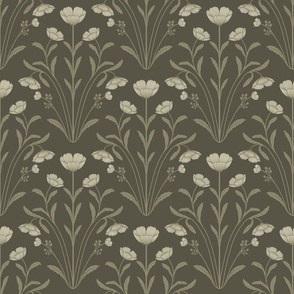 Vintage Inspired Five Petals Flowers Elongated Leaves in Damask paternal style in cream and green ( medium scale )