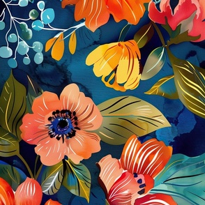 Jumbo Botanical Brilliance: Vibrant Watercolor Florals on Sapphire