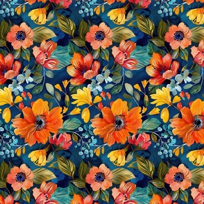 Botanical Brilliance: Vibrant Watercolor Florals on Sapphire