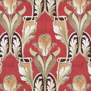 Late 1800s Vintage French Art Nouveau Floral in Crimson, Sage, and Amber - Textured - Original Colors