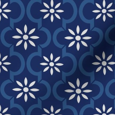 Geometric flower trellis dark Delft Blue