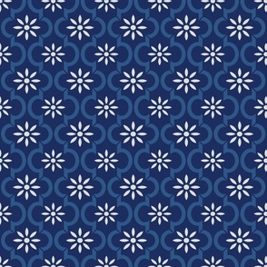 Geometric flower trellis dark Delft Blue